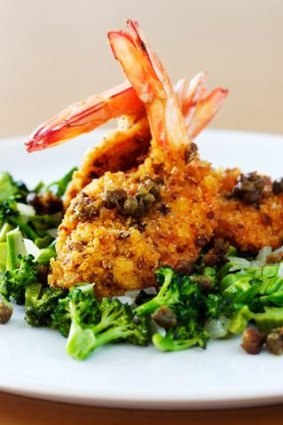 More than garnish ... prawn cutlets with broccoli and capers.