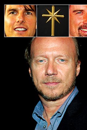 Filmmaker Paul Haggis (centre) with Scientology's Hollywood members Tom Cruise (inset left) and John Travolta (inset right)