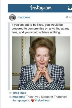 Madonna's April 2015 instagram post thanking Margaret Thatcher.