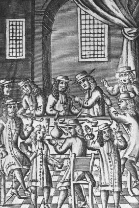 1688, Heated debate in a coffee house on Bride Lane, Fleet Street in London. (Photo by Hulton Archive/Getty Images)