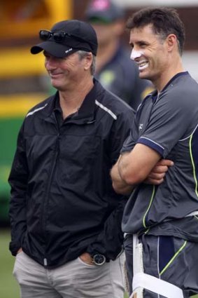 Time to head off ... Steve Waugh chats with the retiring Mike Hussey.