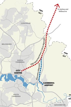 The planned, and an alternative, route for high speed rail into Canberra.
