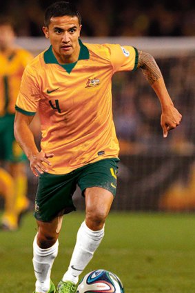 The white stuff: an artist’s impression of how Tim Cahill might look sporting the Socceroos’ new kit at the Brazil World Cup.