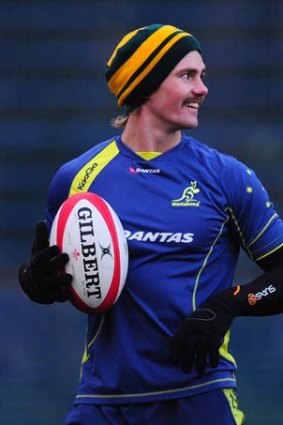 Milestone ... Berrick Barnes trains at Cardiff this week. The Wallabies utility back will bring up his 50th Test cap against Wales at Millennium Stadium this weekend.
