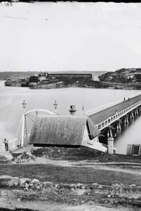 Early days: The Glebe Island Bridge crossing Blackwattle Bay to undeveloped Pyrmont, 1870-1875.
