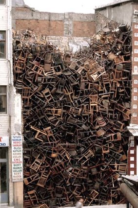 Turkey: <em>1,500 Chairs Stacked Between Two City Buildings</em> by Doris Salcedo, 2003.