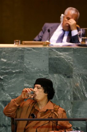 Muammar Gaddafi takes a pause during his speech.