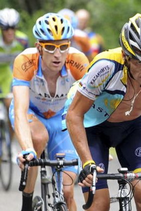 Lance Armstrong (right) with Bradley Wiggins during the 2009 Tour de France.