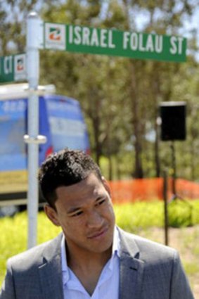 Israel Folau talks with media after having a street named after him in Goodna.