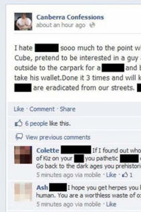 An anti-gay comment on the <i>Canberra Confessions</i> Facebook site.