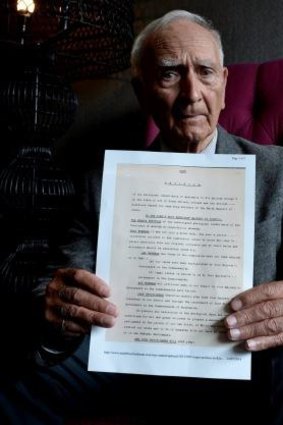 Alf "Uncle Boydie" Turner with a copy of the petition by William Cooper.