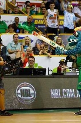Confiscated: The Townsville Crocodiles mascot fires a T-shirt in to the crowd at a home game.