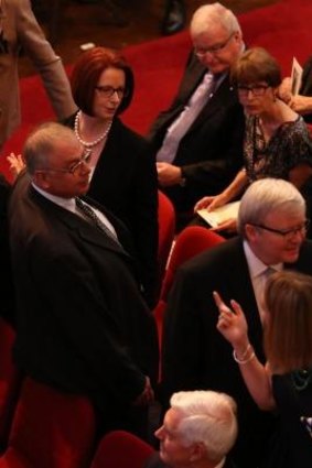Julia Gillard and Kevin Rudd at the state memorial for Gough Whitlam at the Sydney Town Hall on Wednesday.