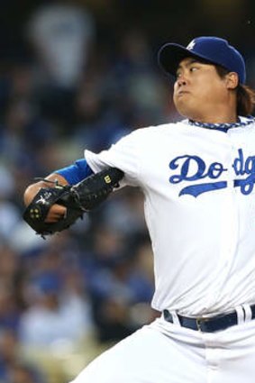 Pitching in: Hyun-Jin Ryu in action at Dodger Stadium on Wednesday.