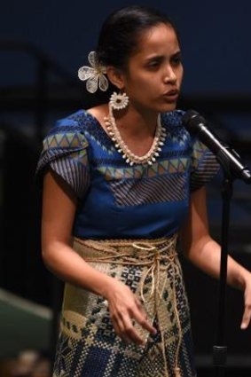 Kathy Jetnil-Kijiner addresses the opening of the Climate Summit in New York.