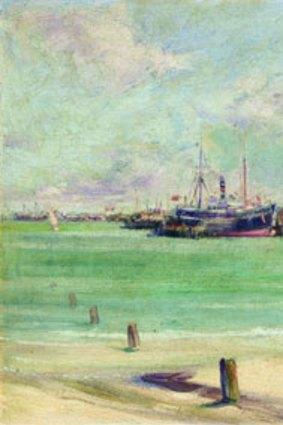 <i>Port Melbourne</i> c.1913-14, (detail) Ambrose Patterson, oil on board, private collection.