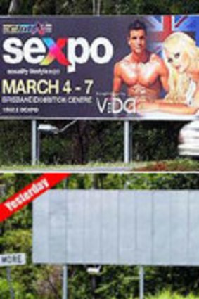 The Sexpo billboard at Dinmore on Wednesday and (below) yesterday.
