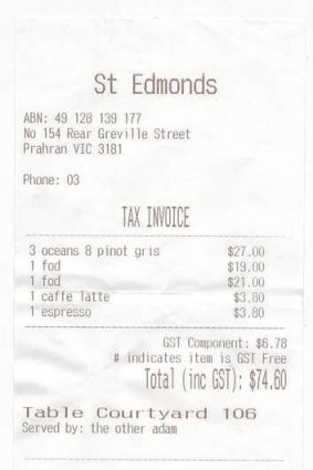 The bill ... for lunch with Lucy Feagins at St Edmonds.