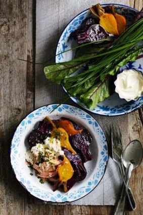 Smoked trout and beetroot salad with horseradish.