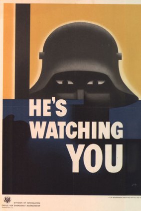 A 1942 American propaganda poster by Glenn Ernest Grohe depicts a menacing German soldier.
