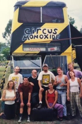 Mike Finch (centre - with cap and foot on his suitcase) farewells Circus Monoxide in Sarina, Queensland, in 1997 to come to Melbourne.