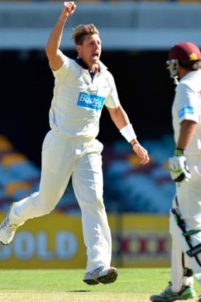 James Pattinson celebrates after taking the wicket of Wade Townsend.