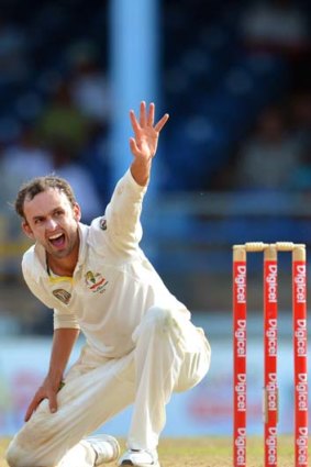 Five for fighting &#8230; Nathan Lyon successfully appeals for the wicket of Shivnarine Chanderpaul. The Australian tweaker finished the day with five scalps.