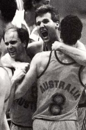 Phil Smyth, Andrew Gaze and Damian Keogh embracing after Australia beat Spain in Seoul Olympics in 1988.