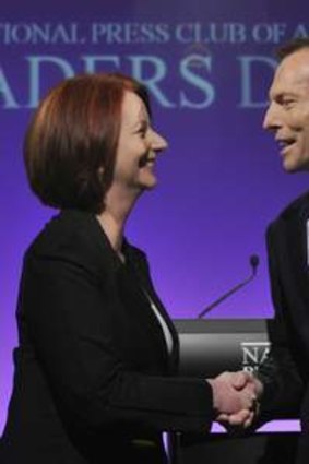 Prime Minister Julia Gillard and Opposition Leader Tony Abbott at a leaders debate during the 2010 federal election.