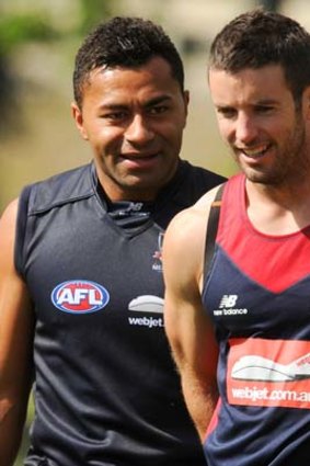 David Rodan (left) and teammate Shannon Byrnes during Melbourne training in November 2012.