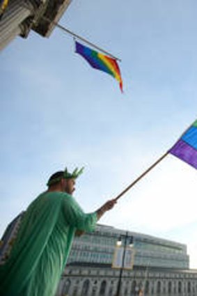 A rainbow flag outside San Francisco's City Hall.