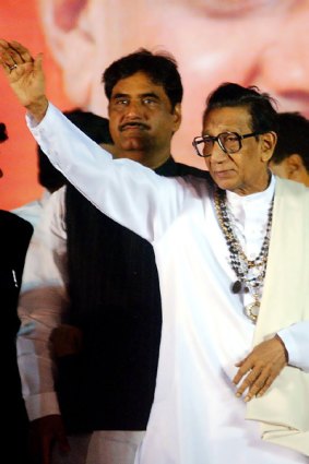 Leader of India's Shiv Sena (SS) Party Bal Thackeray, right.
