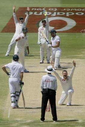 Wishful thinking ... Michael Clarke and the Australian team appeal for a LBW decision on South Africa's Faf du Plessis.
