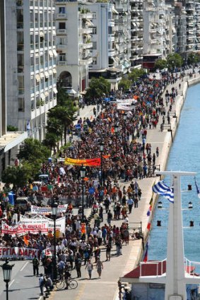 Teachers march in Thessaloniki, Greece during a 48-hour civil servants strike.