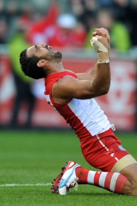 Adam Goodes celebrates after the final siren.