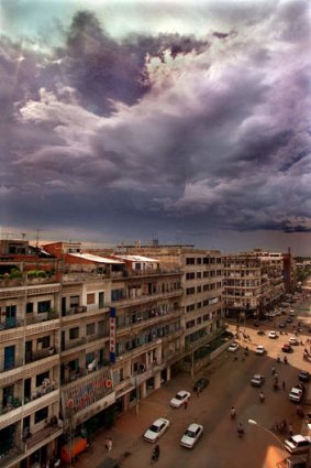 Overlooking the main street of Phnom Penh.