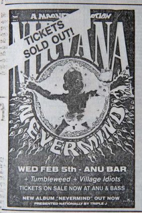 An advertisement for Nirvana's gig at The ANU Bar as it appeared in the Canberra Times on February 5, 1992.
