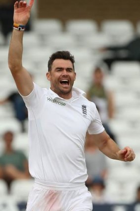 James Anderson celebrates after taking the wicket of India's Ravindra Jadeja on the final day of the first cricket Test match between England and India at Trent Bridge.