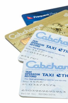 Options: A Cabcharge voucher, debit card and a regular bank-issued credit card.