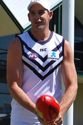 Fremantle Dockers ruckman Aaron Sandilands with the new away guernsey.