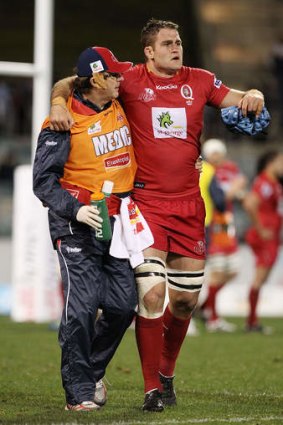 James Horwill leaves the field after he was injured against the Brumbies at Canberra Stadium in May, 2012.