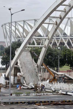 The collapsed footbridge in Delhi.