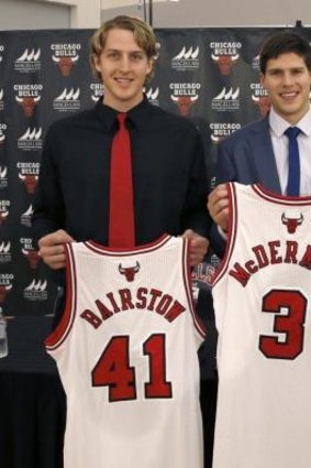 The Chicago Bulls' first and second round draft picks Cameron Bairstow (41) from Brisbane, Australia, and Creighton University star Doug McDermott.