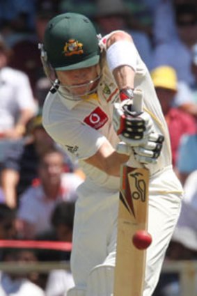 On his toes ... Brad Haddin shows some grit during Australia's modest first innings at the WACA ground yesterday.