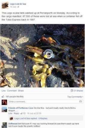 A Facebook post from Lego Lost at Sea, showing a Lego scuba tank that washed ashore at Perranporth, England.