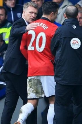David Moyes talks to Van Persie after removing him from the game against West Brom.