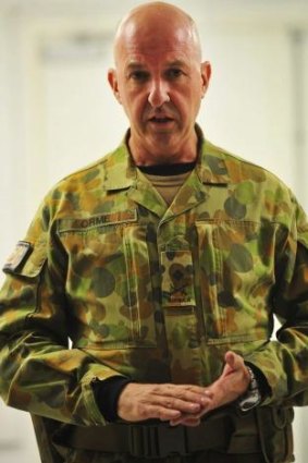 Major General Craig Orme addresses Australian Defence personnel at Camp Qargha, Afghanistan in 2013. 
