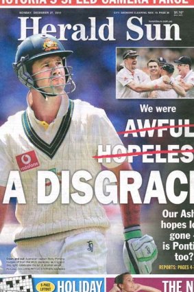 The Herald Sun front page of December 27 that lambasted the Australian cricket team.