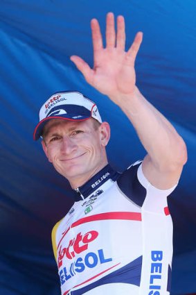 Andre Greipel celebrates after winning stage 1 of the Tour Down Under 2013.
