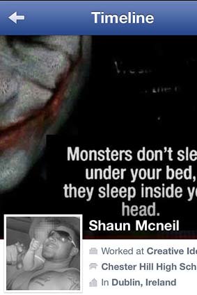 A quote posted on his Facebook page featuring one of several images of film actor Heath Ledger as The Joker in <em>The Dark Knight</em>.